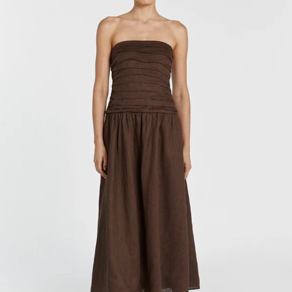 CATANIA BITTER CHOC LINEN STRAPLESS MIDI DRESS - Picture 1 of 5